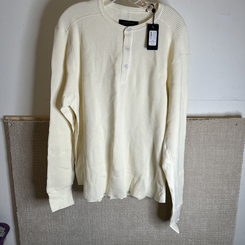 Rag & Bone Longsleeve Henley Mens  XXL Devon Waffle Color Proper White